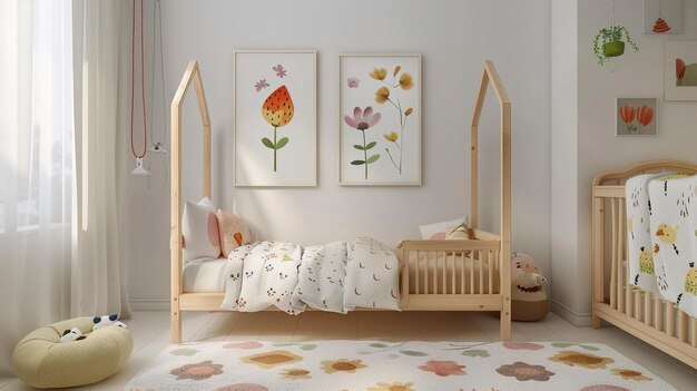 una imagen enmarcada de flores y una cama de niño con un marco que dice flores