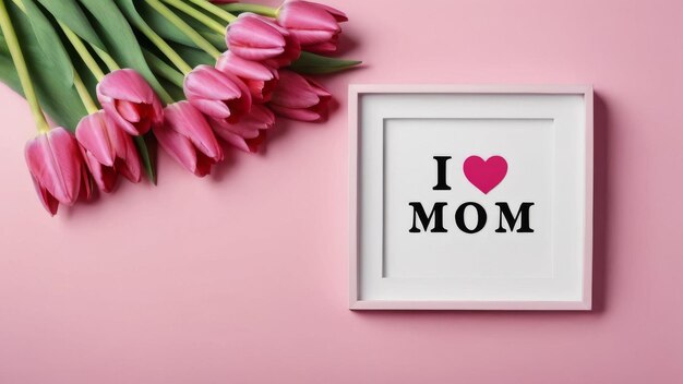 una imagen enmarcada de un ramo de tulipanes con las palabras "Amo a mamá" y "Te amo" en un fondo rosa