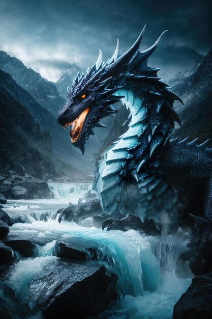 Foto la imagen de un enorme dragón entre las montañas en un río de montaña