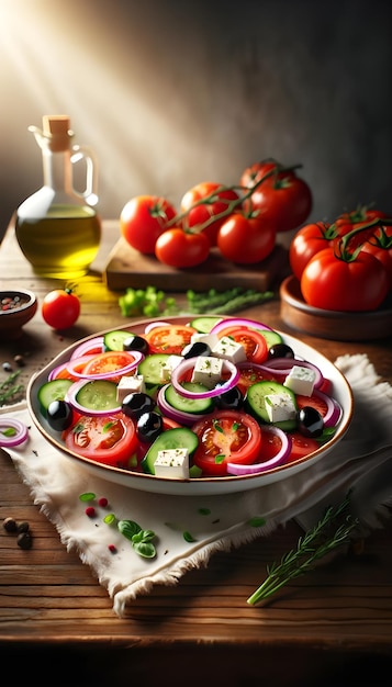 Imagen de una ensalada griega a base de tomate de cereza fresca