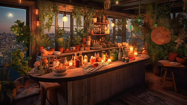 Una imagen de ensueño de un bar de cócteles en la azotea a la luz de las velas ubicado en un exuberante jardín al atardecer