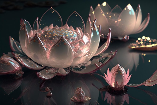 Imagen de ensueño de flor de loto brillante o lirio de agua con rosa transparente