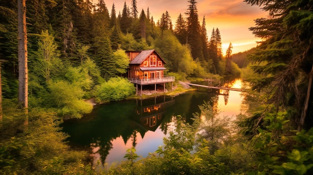 Una imagen de ensueño de una lujosa cabaña rústica en un bosque frondoso con vista a un lago tranquilo al atardecer