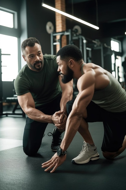 Imagen de un entrenador de fitness ayudando a su cliente a estirarse en el gimnasio