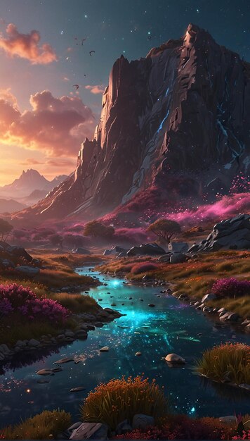 Imagen épica de montaña con puesta de sol en colorido cumulonimbus nube paisaje de la naturaleza estilo de anime