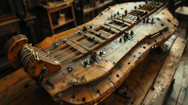 La imagen es de un antiguo instrumento musical está hecho de madera y tiene un diseño único