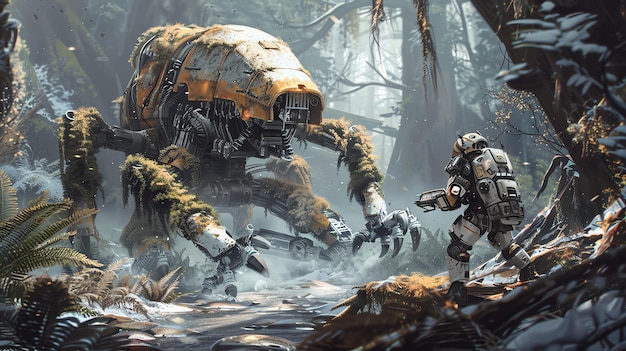 Foto la imagen es un arte conceptual de un soldado luchando contra un robot gigante en un bosque. el soldado lleva una armadura futurista y está armado con un arma.