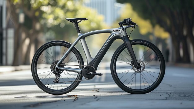 La imagen es de una bicicleta eléctrica elegante y elegante tiene un acabado negro mate y un diseño único que la distingue de otras bicicletas eléctricas