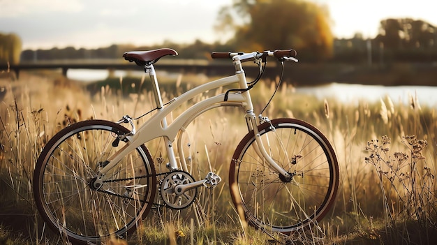 La imagen es de una bicicleta de pie en un campo de hierba alta con un río y un puente en el fondo La bicicleta es blanca con mangos y asiento marrones