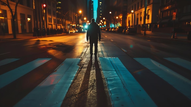 La imagen es una calle oscura y solitaria con una sola persona caminando en el medio