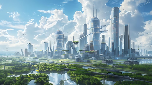 La imagen es de una ciudad futurista con un cielo azul y nubes blancas la ciudad está llena de edificios altos y parques verdes