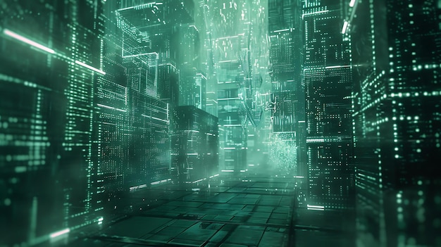La imagen es una ciudad oscura y misteriosa los edificios son altos e imponentes y las calles están vacías