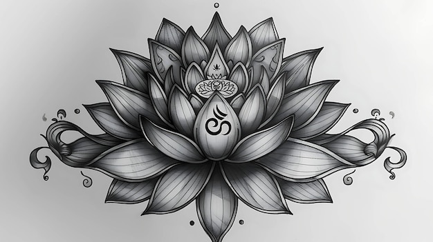 La imagen es un dibujo en blanco y negro de una flor de loto. La flor está en plena floración y tiene un diseño detallado.