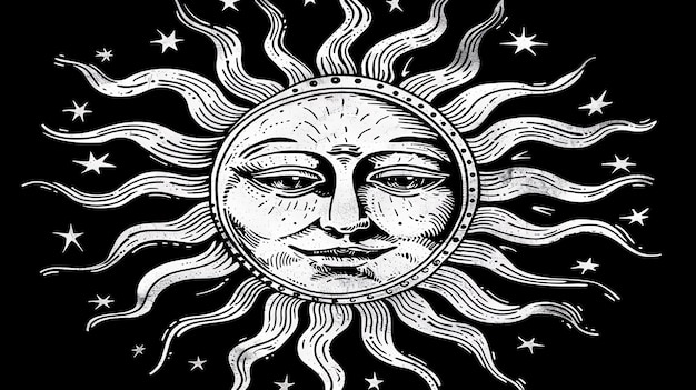 Foto la imagen es un dibujo en blanco y negro de un sol con una cara el sol tiene una expresión feliz y está rodeado de estrellas