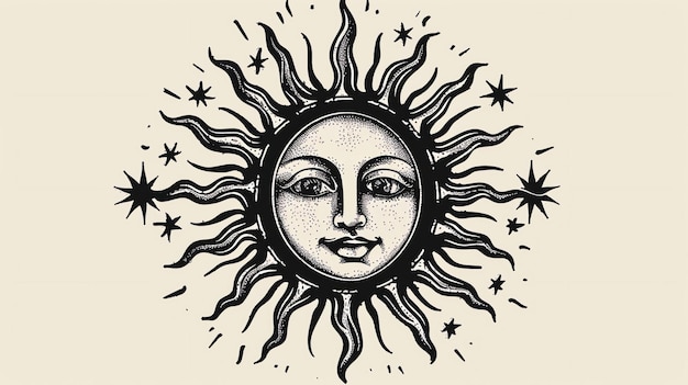 Foto la imagen es un dibujo en blanco y negro del sol con un rostro humano el sol tiene una expresión serena en su rostro y está rodeado de estrellas