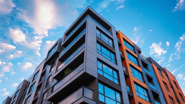 La imagen es de un edificio de apartamentos moderno con un cielo azul y nubes blancas en el fondo