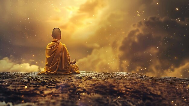 La imagen es una escena pacífica de un monje budista meditando en la cima de una montaña