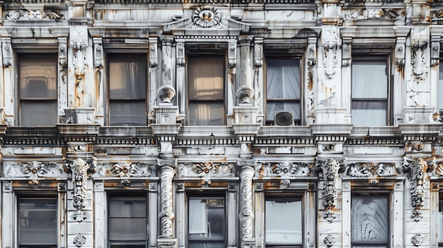 La imagen es de la fachada de un antiguo edificio con detalles ornamentados El edificio está hecho de mármol blanco y tiene muchas ventanas