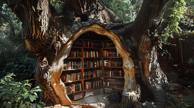 La imagen es una fotografía de un árbol con un agujero en él el agujero está lleno de libros el árbol está en un bosque