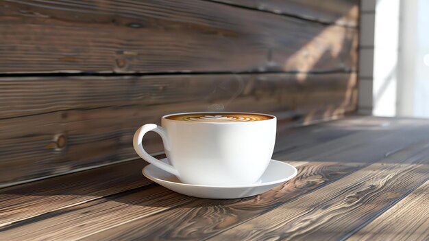 Foto la imagen es una fotografía de una taza de café en una mesa de madera el café está en una taza blanca con un platillo