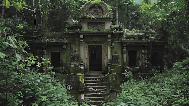 La imagen es una fotografía de un templo en medio de una jungla el templo está hecho de piedra gris y tiene tallas intrincadas en las paredes y columnas