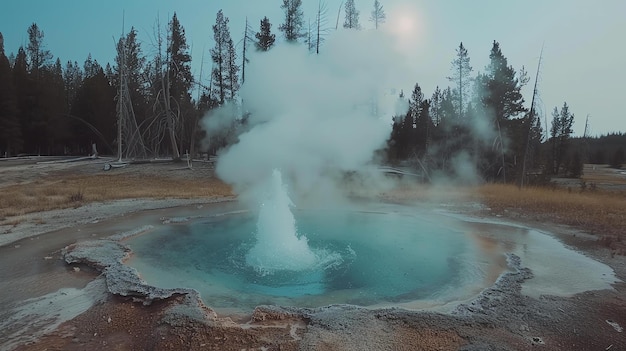 Foto la imagen es de un geyser en el parque nacional de yellowstone el geyser está rodeado de árboles y el suelo está cubierto de una delgada capa de nieve