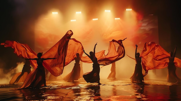 Foto la imagen es de un grupo de bailarines con vestidos largos y fluidos