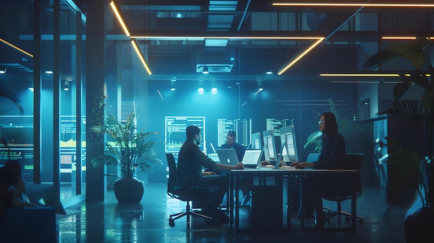 Foto la imagen es de un grupo de personas que trabajan en una oficina moderna la oficina tiene paredes de vidrio y muchas plantas
