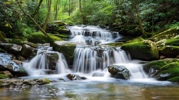 Esta imagen es de una hermosa cascada en un bosque el agua es cristalina y las rocas están cubiertas de musgo