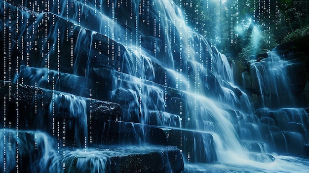 Foto la imagen es una hermosa cascada en un bosque el agua es cristalina y verde azul y cae en cascada sobre las rocas en una serie de pequeñas cascadas