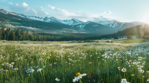 La imagen es una hermosa fotografía de paisaje de un prado de montaña en plena floración