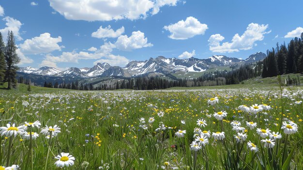 La imagen es una hermosa fotografía de paisaje de un prado de montaña en plena floración