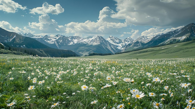 La imagen es una hermosa fotografía de paisaje de un valle de montaña El primer plano está lleno de un exuberante prado verde salpicado de flores silvestres