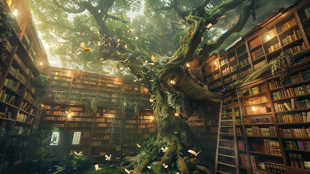 Foto la imagen es una hermosa representación de una biblioteca la biblioteca está llena de estanterías y hay un gran árbol en el centro de la biblioteca