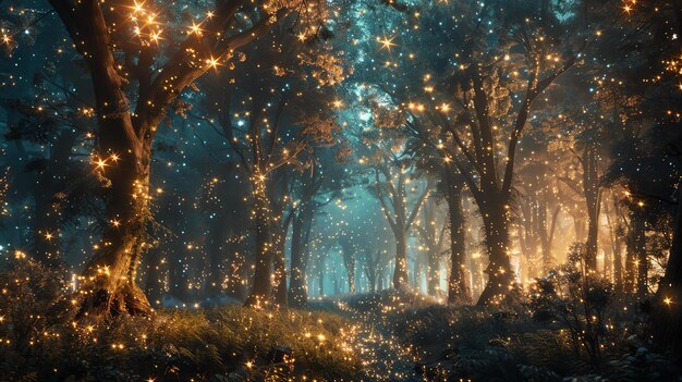 La imagen es una hermosa representación de un bosque por la noche los árboles son altos y majestuosos y las estrellas son brillantes y numerosas