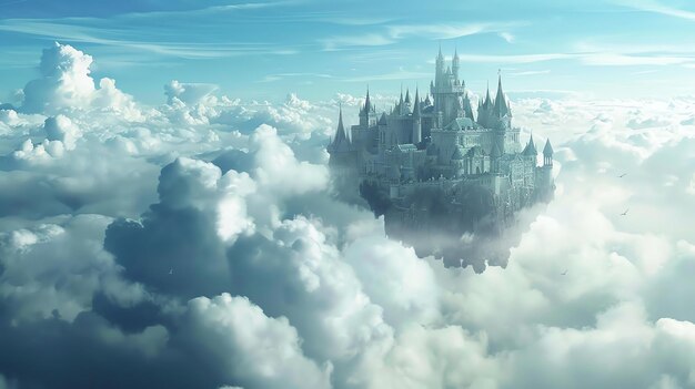 La imagen es una hermosa representación de un castillo en el cielo el castillo está rodeado de nubes y parece estar flotando en el aire