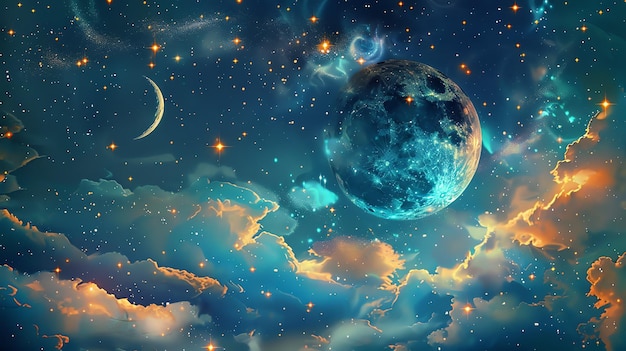 La imagen es una hermosa representación de un cielo nocturno estrellado la luna está llena y brillante y las estrellas están brillando en la distancia