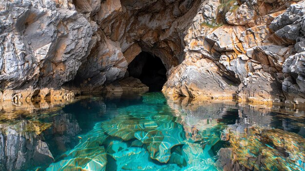 La imagen es una hermosa toma de una cueva marina el agua es cristalina y se puede ver el reflejo del techo de la cueva en la superficie