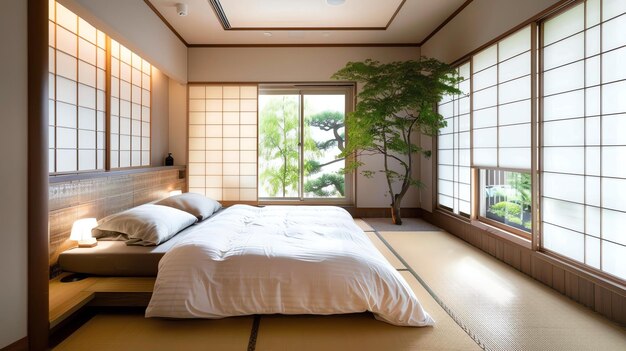 La imagen es un hermoso dormitorio con una cama grande un árbol y mucha luz natural
