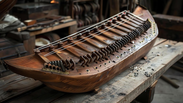 La imagen es de un hermoso instrumento musical de madera hecho a mano tiene un diseño único con cuerdas que se arrancan para crear sonido