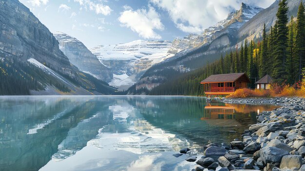 La imagen es de un hermoso lago de montaña con una montaña cubierta de nieve en el fondo