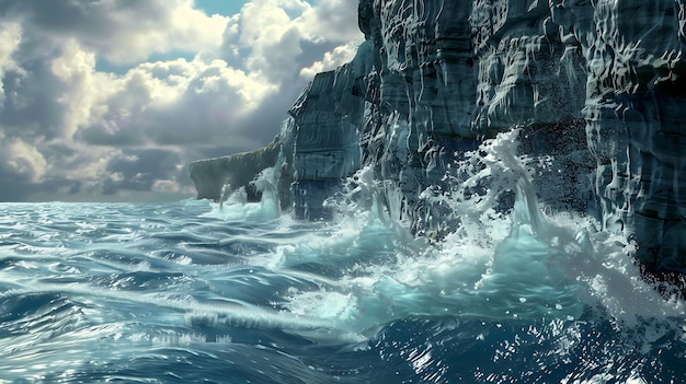 La imagen es un hermoso paisaje de un acantilado rocoso golpeado por las olas del océano el agua es de un azul profundo y los acantilados son de un gris claro