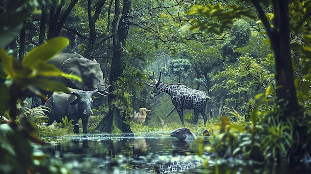 Foto la imagen es un hermoso paisaje de un bosque verde y exuberante con un río que lo atraviesa