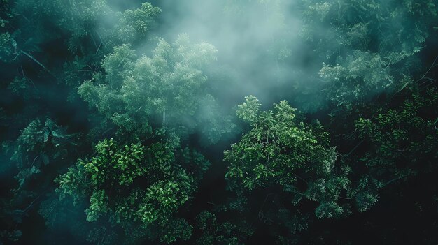 La imagen es un hermoso paisaje de un bosque verde exuberante desde la vista de un pájaro los árboles son altos y verdes y las hojas son gruesas y exuberantes