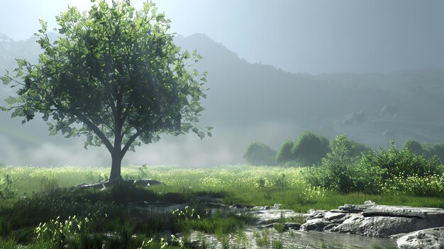 La imagen es un hermoso paisaje de un campo verde con un gran árbol en primer plano