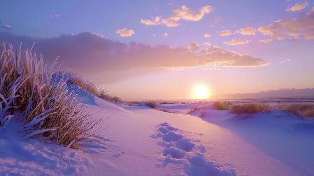 Esta imagen es de un hermoso paisaje cubierto de nieve con un sol poniente