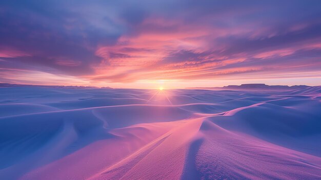 La imagen es un hermoso paisaje de un desierto al atardecer Los colores cálidos del cielo y las dunas de arena crean una escena pacífica y serena