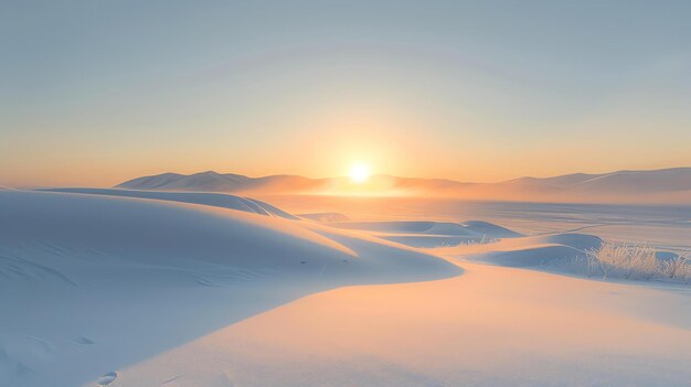 La imagen es un hermoso paisaje de un desierto cubierto de nieve al amanecer