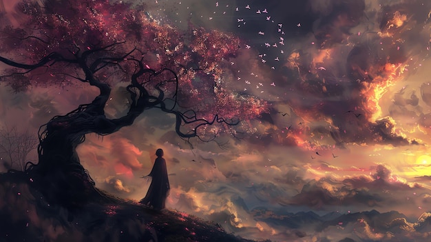 La imagen es un hermoso paisaje con un gran árbol en primer plano El árbol está en plena floración y sus ramas están cubiertas de flores rosas