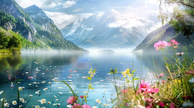 La imagen es un hermoso paisaje de un lago de montaña en verano el agua es tranquila y clara reflejando el cielo y las montañas